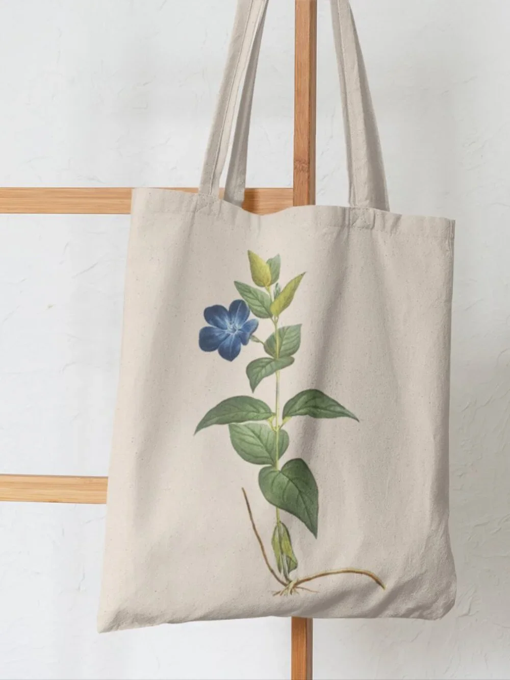 Greater Periwinkle Vintage Floral Print Graphic Canvas Tote Bag